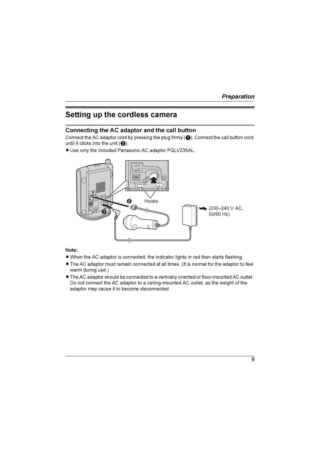 Panasonic KX-TGA593AL operating instructions Setting up the cordless camera, Connecting the AC adaptor and the call button 