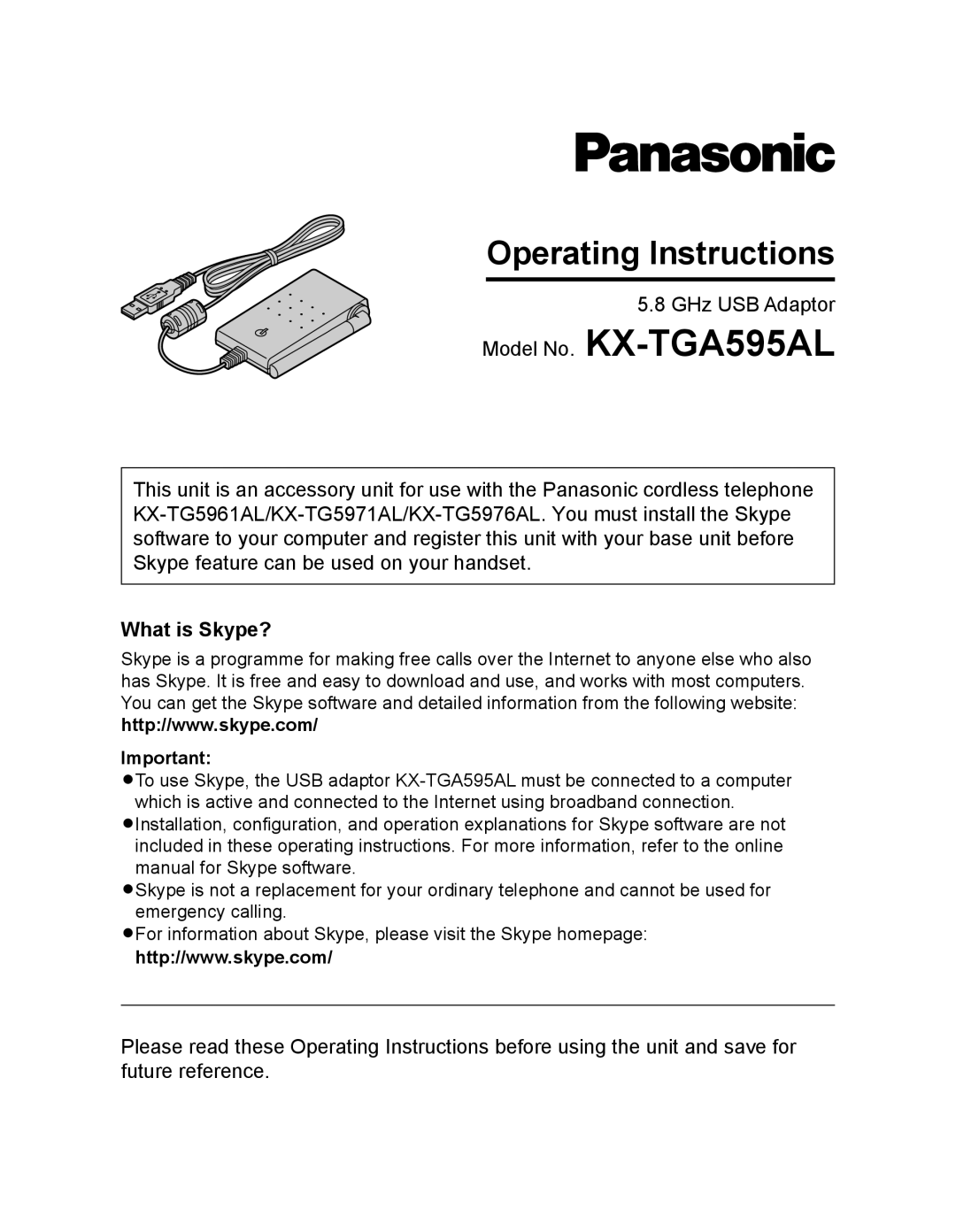 Panasonic operating instructions Model No. KX-TGA595AL 