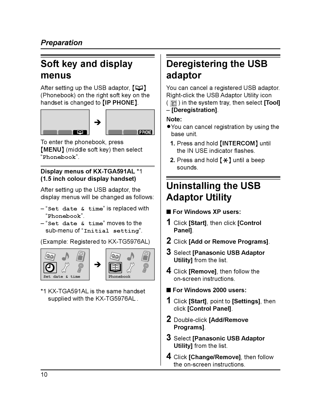 Panasonic KX-TGA595AL Soft key and display menus, Deregistering the USB adaptor, Uninstalling the USB Adaptor Utility 