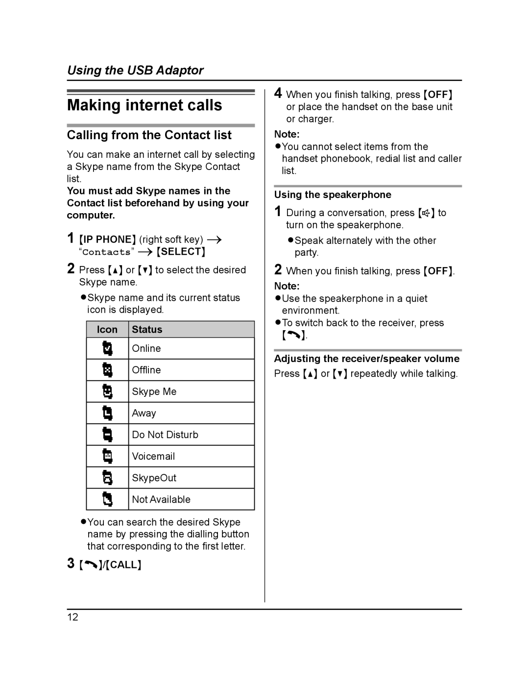 Panasonic KX-TGA595AL Making internet calls, Calling from the Contact list, Icon Status, Using the speakerphone 