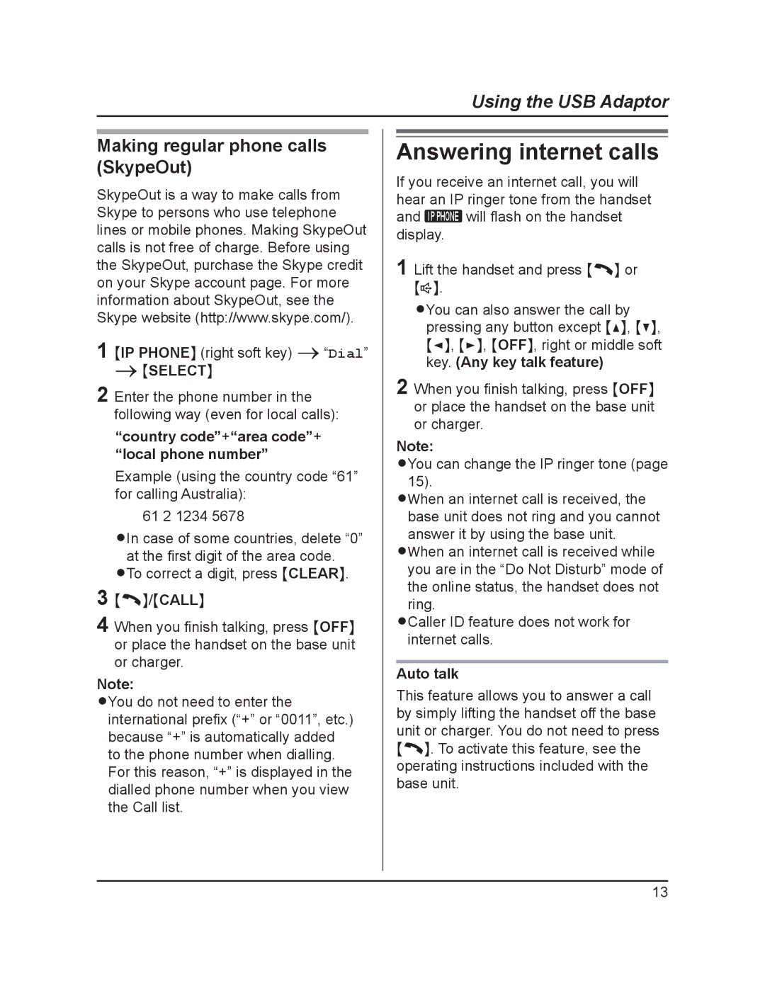 Panasonic KX-TGA595AL operating instructions Answering internet calls, Making regular phone calls SkypeOut, Auto talk 