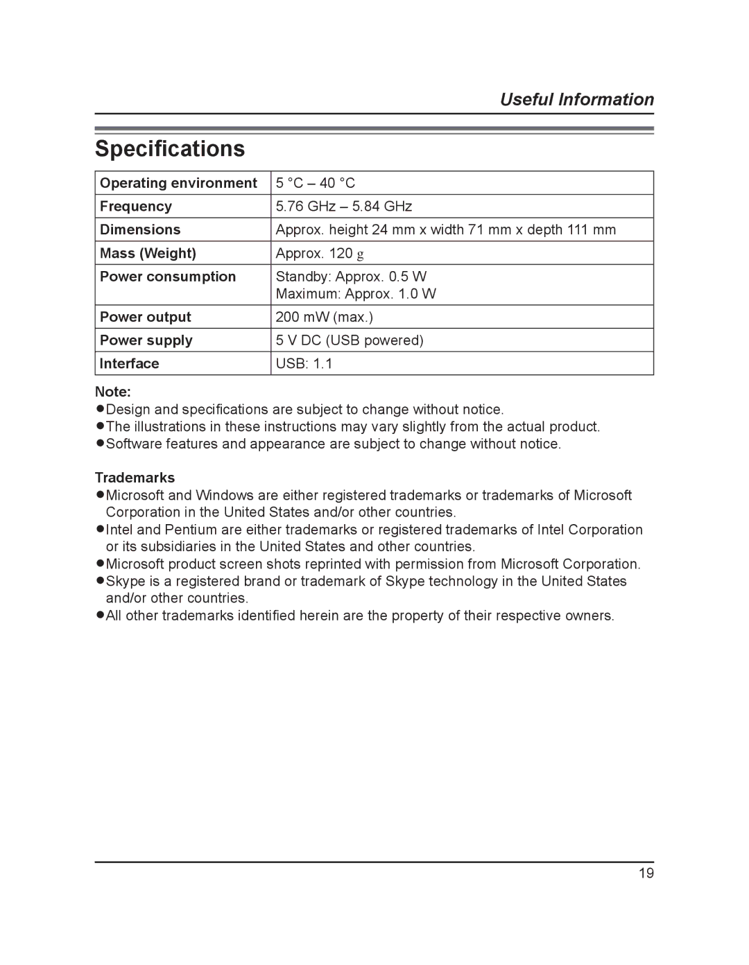 Panasonic KX-TGA595AL operating instructions Speciﬁcations 