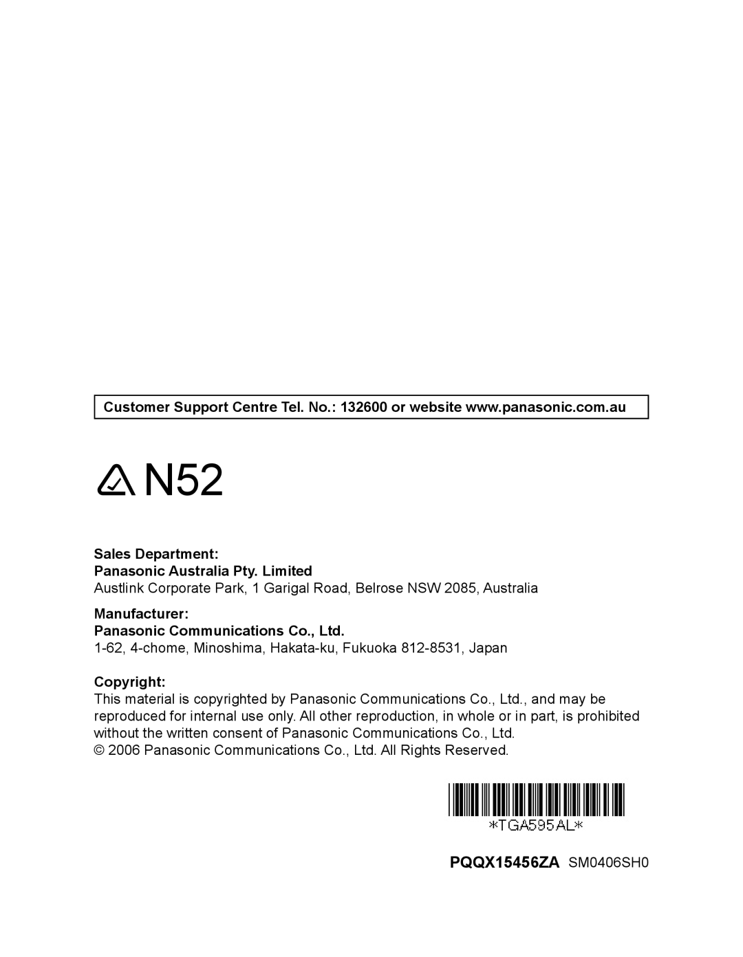 Panasonic KX-TGA595AL operating instructions Sales Department Panasonic Australia Pty. Limited, Manufacturer, Copyright 