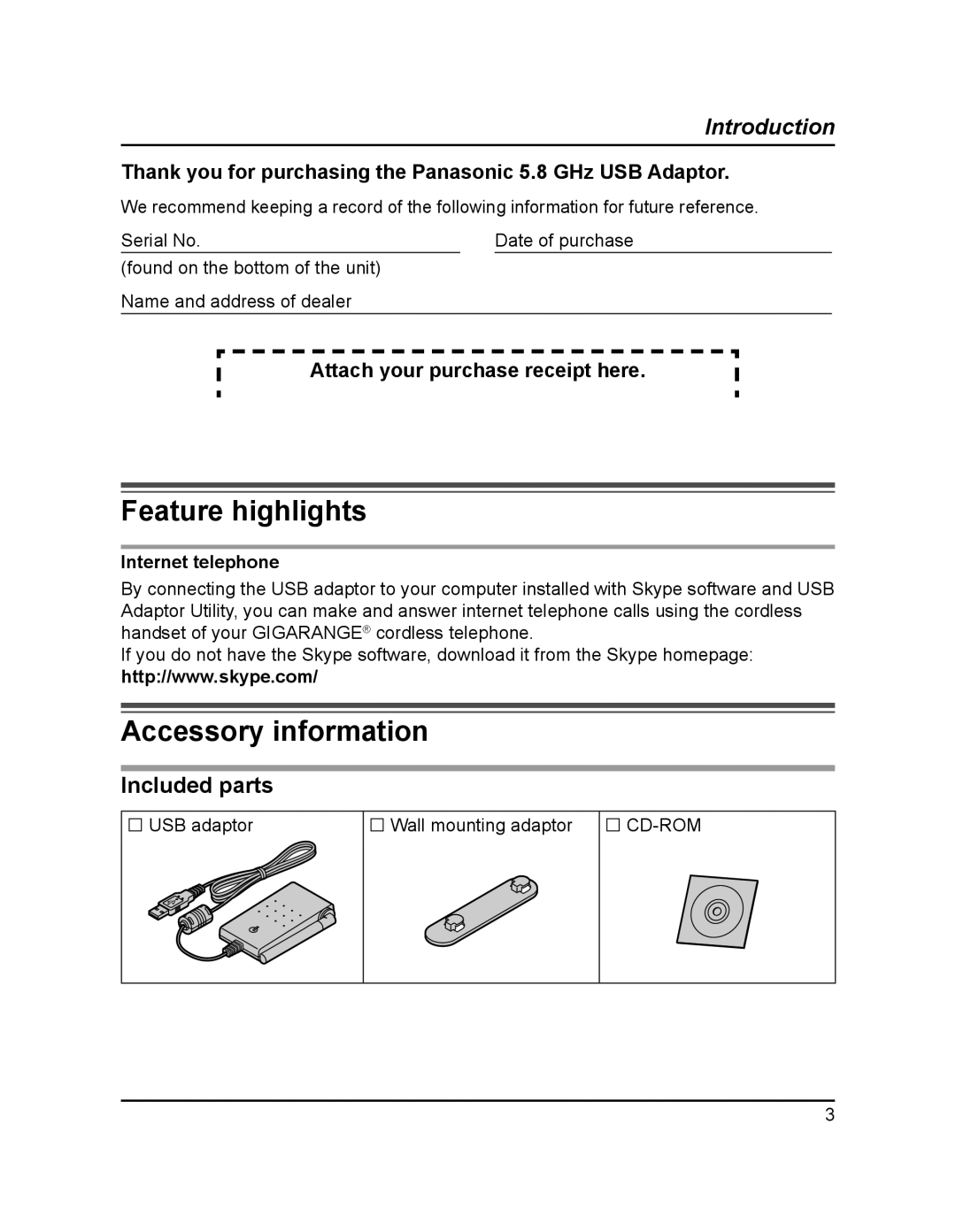 Panasonic KX-TGA595AL operating instructions Feature highlights, Accessory information, Included parts, Internet telephone 