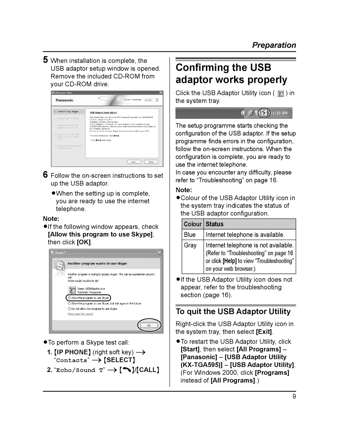 Panasonic KX-TGA595AL operating instructions To quit the USB Adaptor Utility, Colour Status 