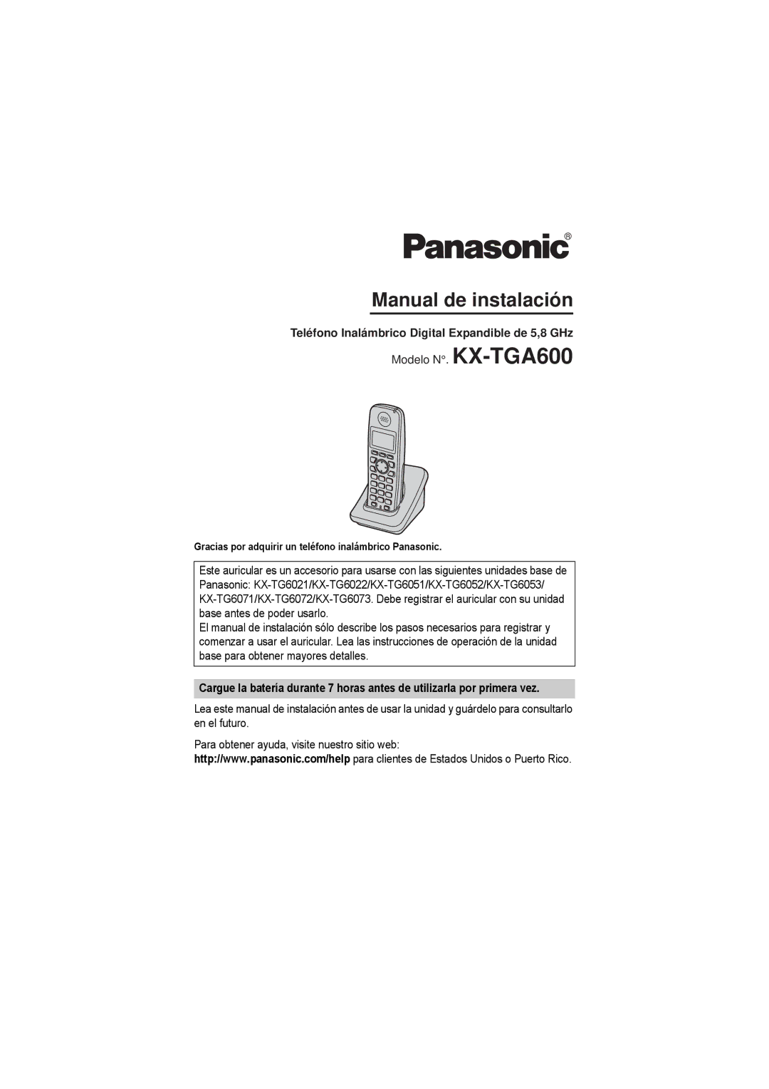 Panasonic KX-TGA600M installation manual Teléfono Inalámbrico Digital Expandible de 5,8 GHz 