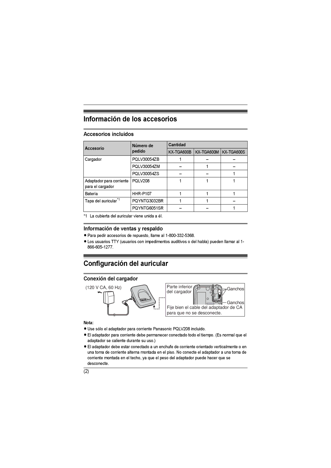 Panasonic KX-TGA600M installation manual Información de los accesorios, Configuración del auricular, Accesorios incluidos 