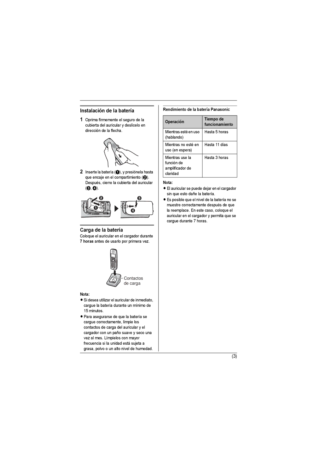 Panasonic KX-TGA600M installation manual Instalación de la batería, Carga de la batería 