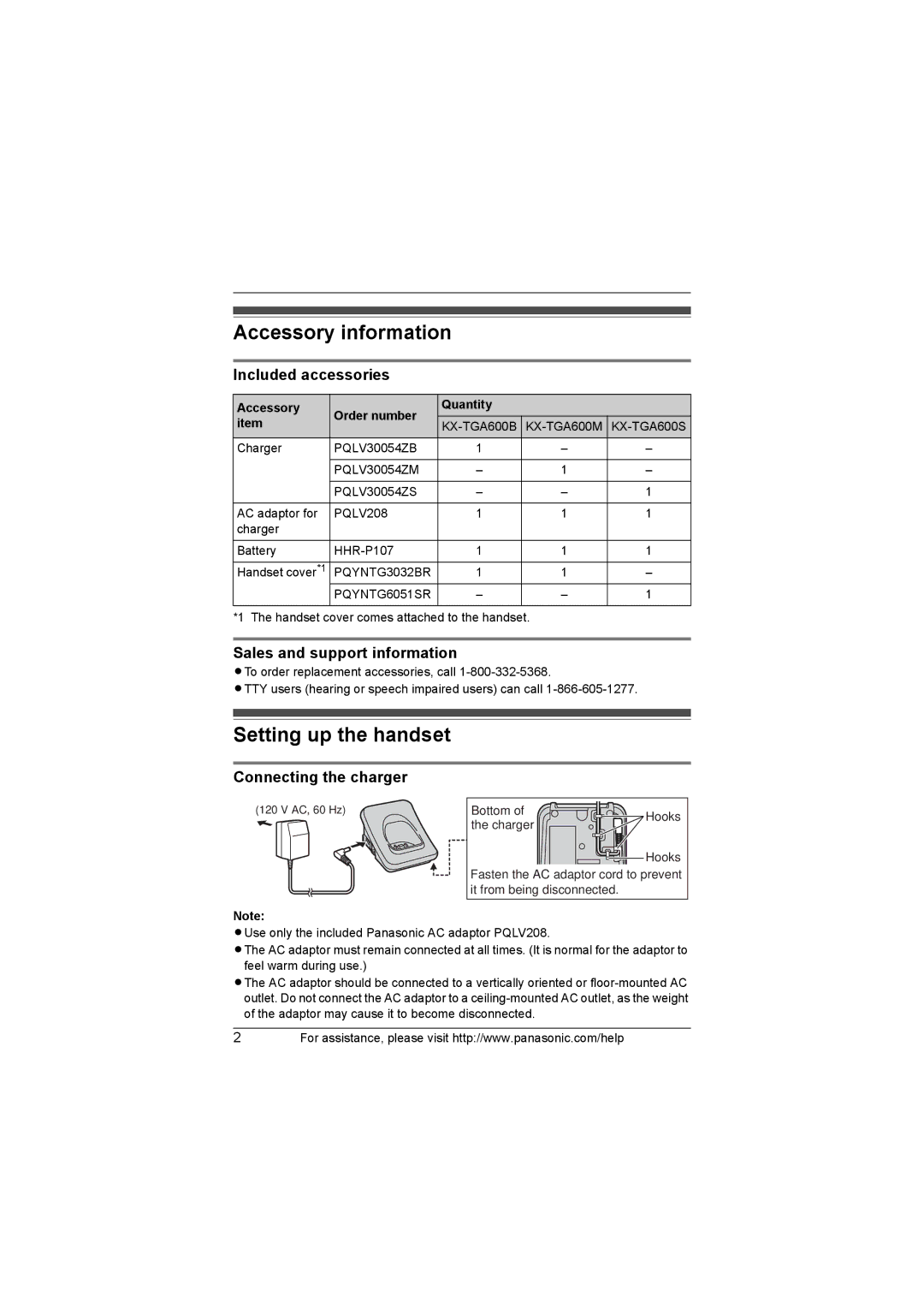 Panasonic KX-TGA600M Accessory information, Setting up the handset, Included accessories, Sales and support information 