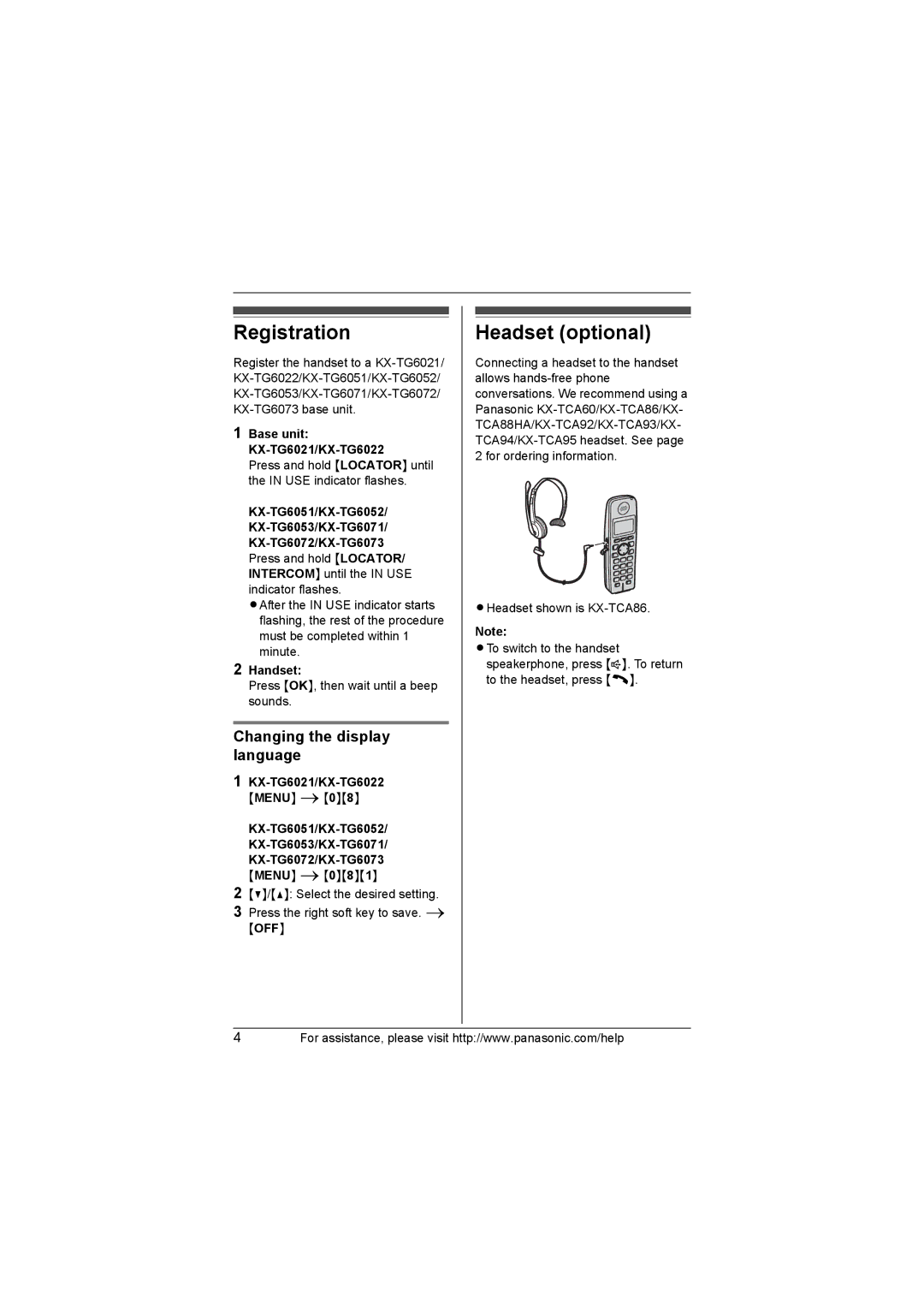 Panasonic KX-TGA600M installation manual Headset optional 