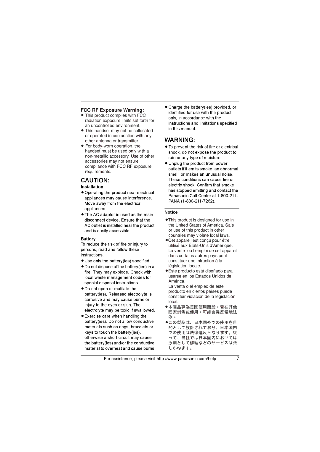 Panasonic KX-TGA600M installation manual FCC RF Exposure Warning, Installation, Battery 