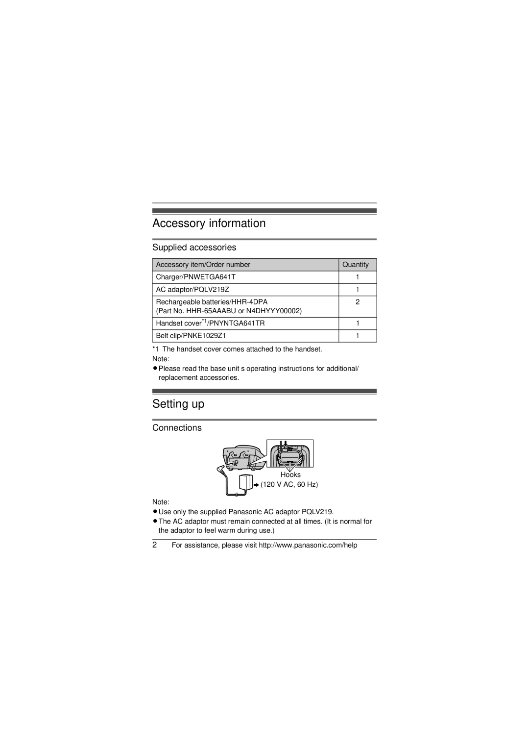 Panasonic KX-TGA641T installation manual Supplied accessories, Connections, Accessory item/Order number Quantity 