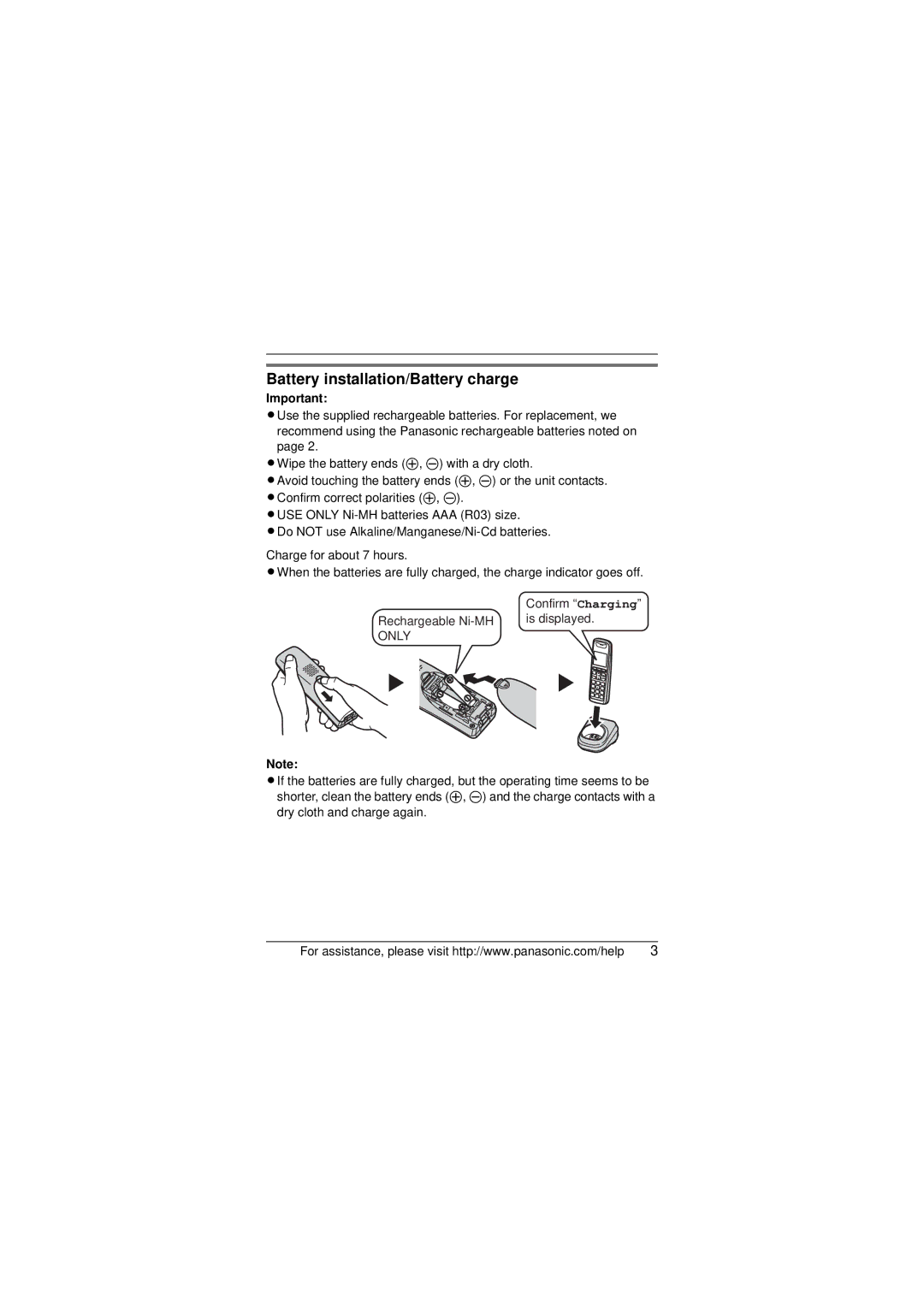 Panasonic KX-TGA641T installation manual Battery installation/Battery charge, Only 