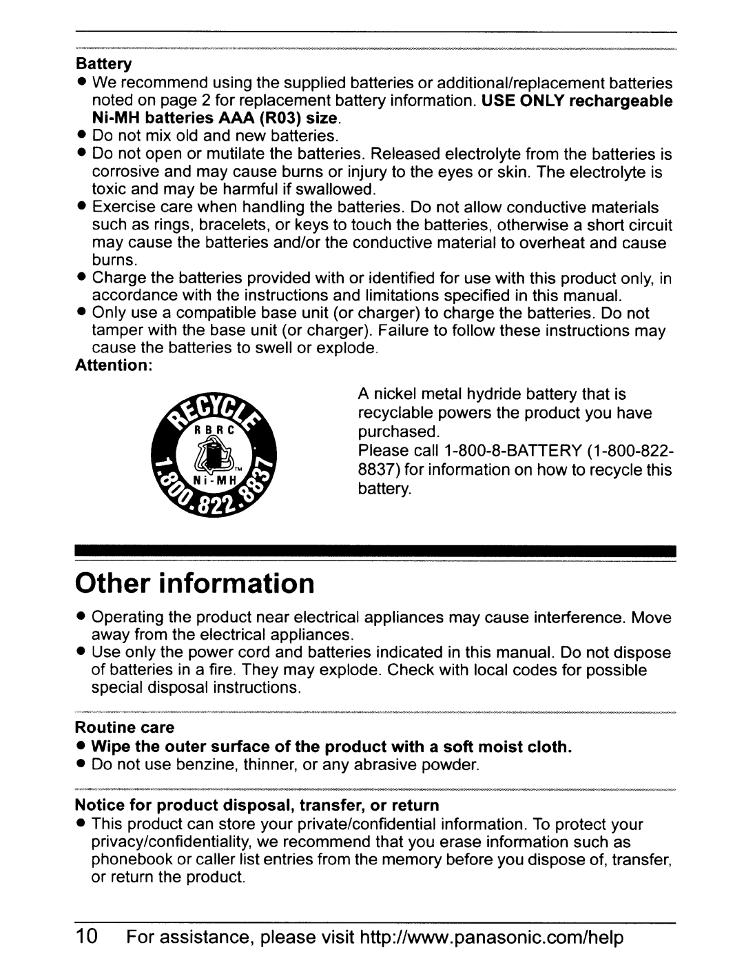 Panasonic KX-TGA641 installation manual Other information 