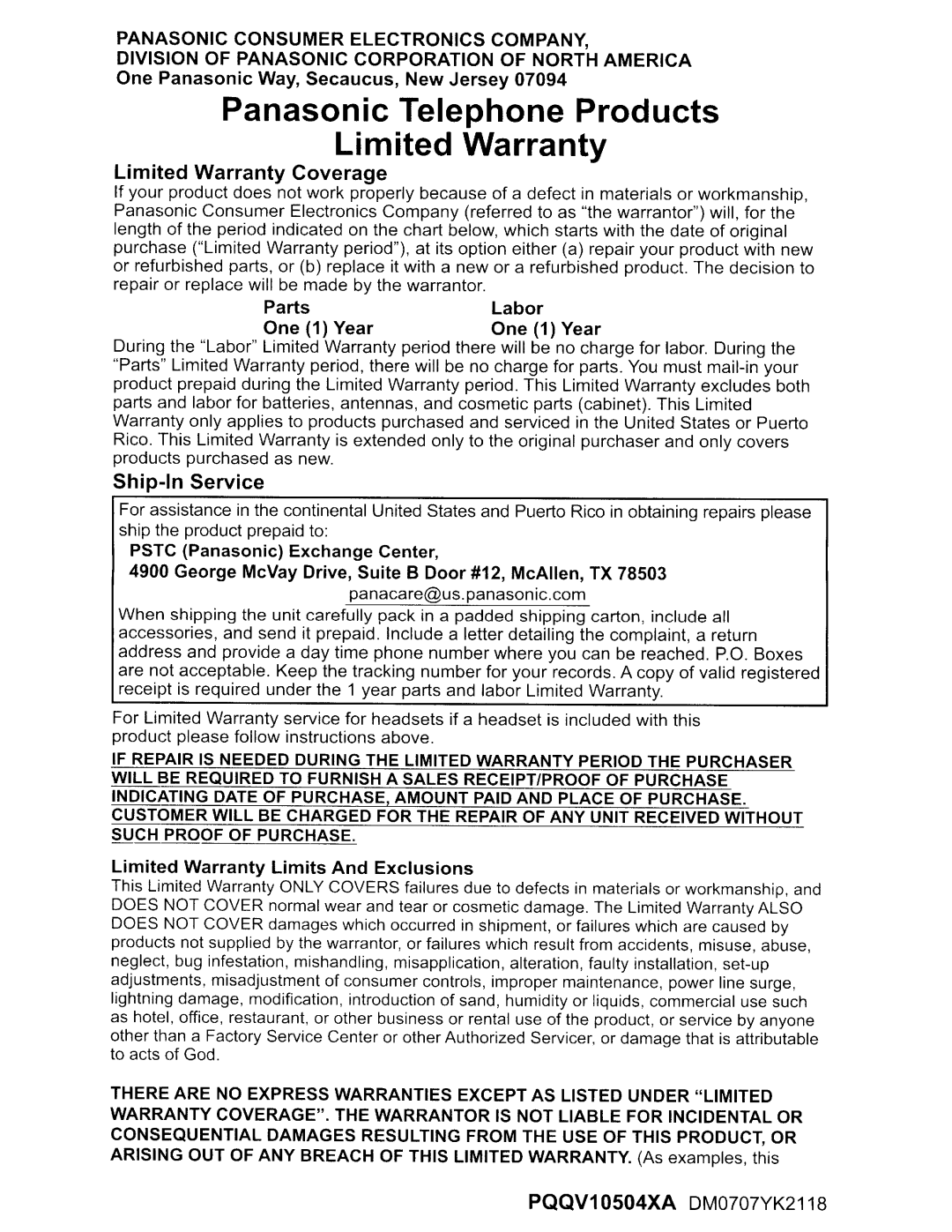 Panasonic KX-TGA641 installation manual Panasonic Telephone Products Limited Warranty 