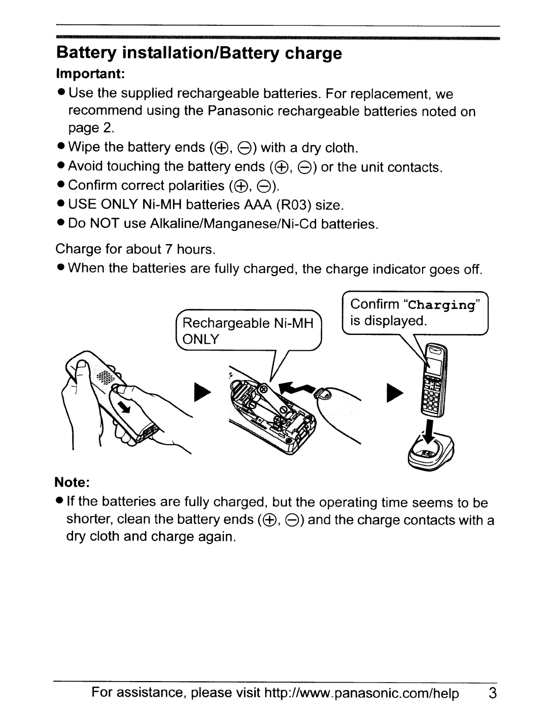 Panasonic KX-TGA641 installation manual Battery installation/Battery charge, Only 