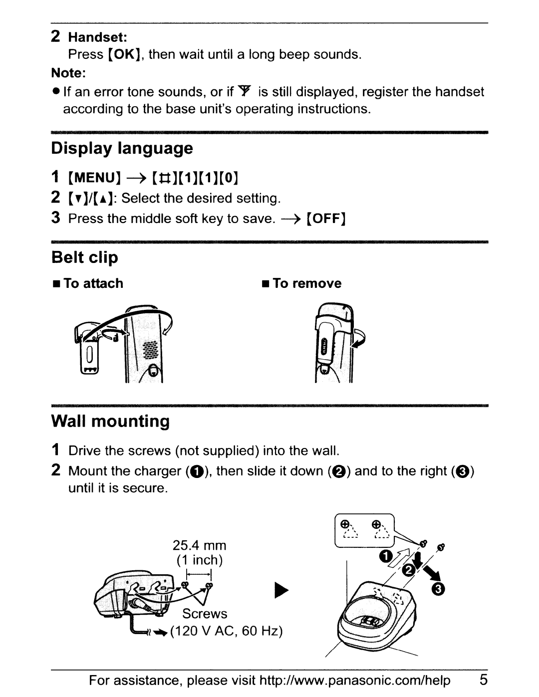 Panasonic KX-TGA641 installation manual Display language, Belt clip, Wall mounting 