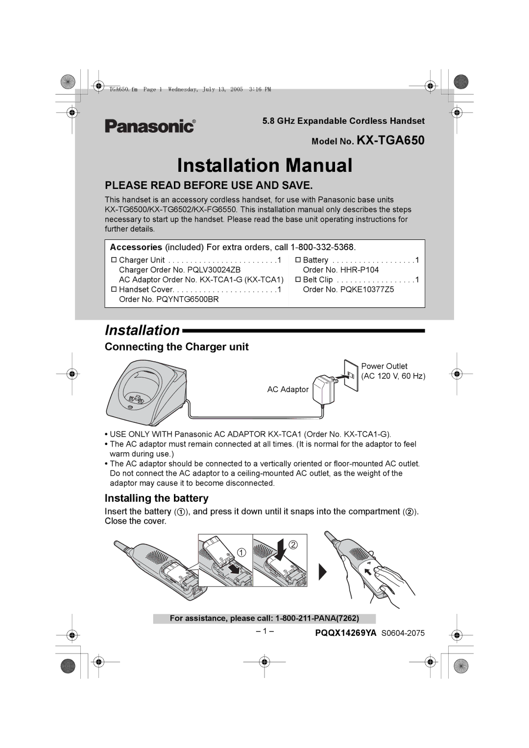 Panasonic KX-TGA650 installation manual Installation, Connecting the Charger unit, Installing the battery 