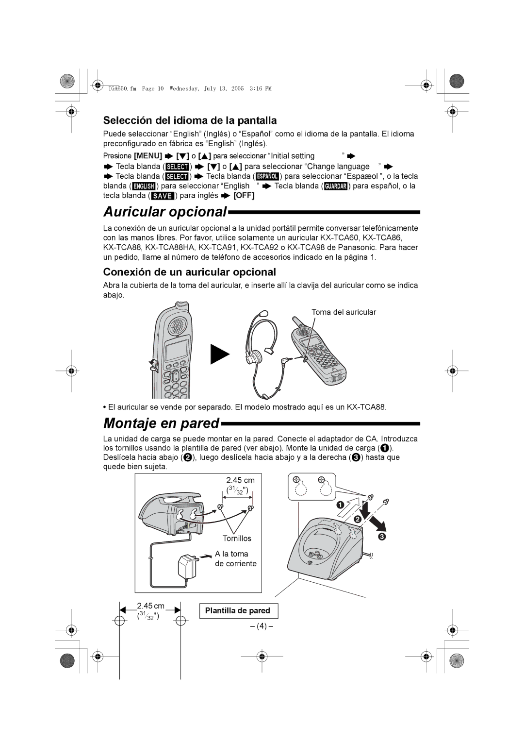 Panasonic KX-TGA650 Auricular opcional, Montaje en pared, Selección del idioma de la pantalla, Plantilla de pared 