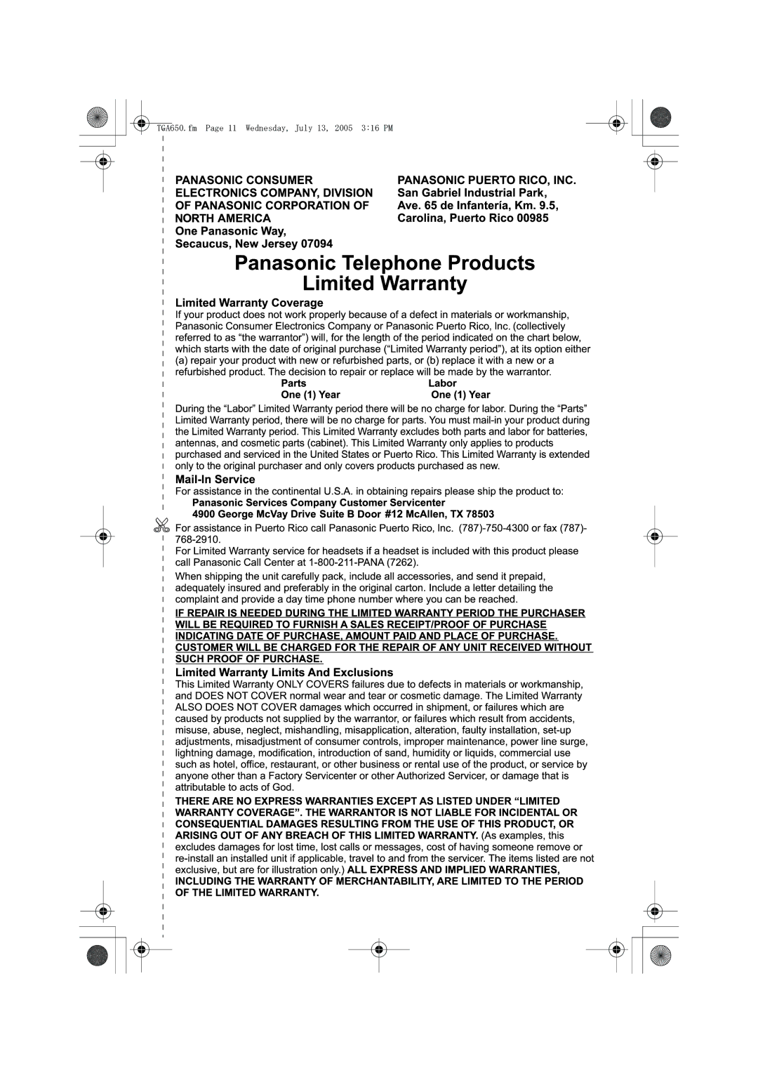 Panasonic KX-TGA650 installation manual TGA650.fm Page 11 Wednesday, July 13, 2005 316 PM 