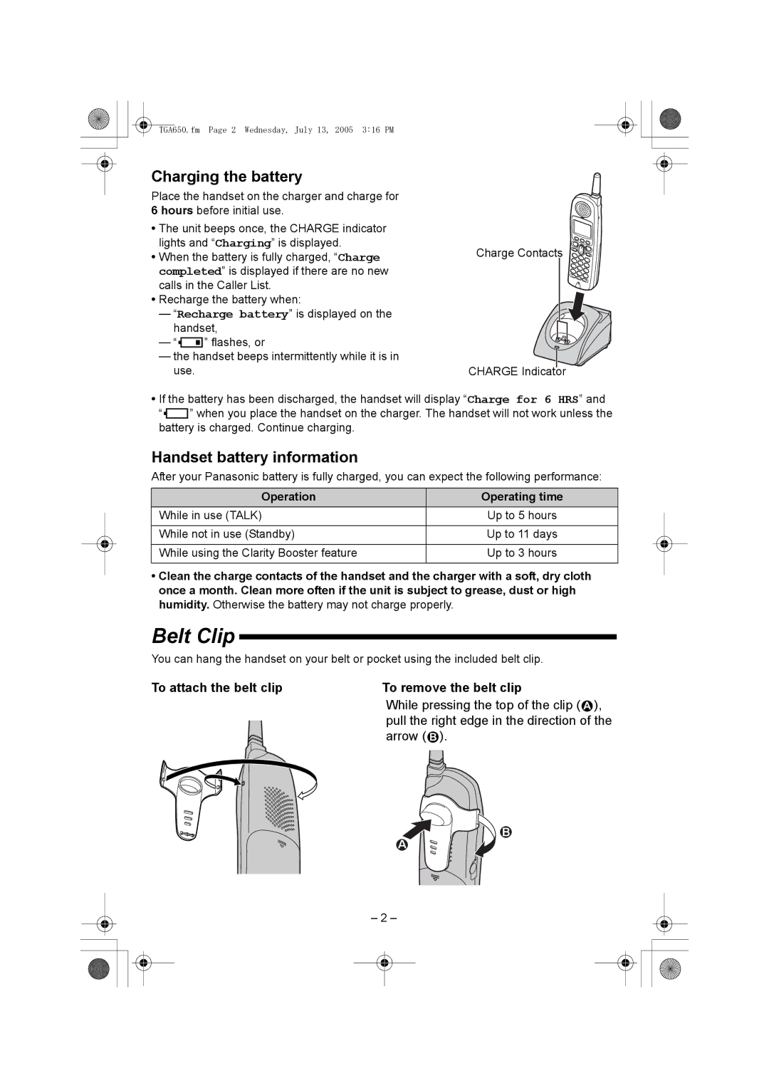 Panasonic KX-TGA650 Belt Clip, Charging the battery, Handset battery information, Operation Operating time 