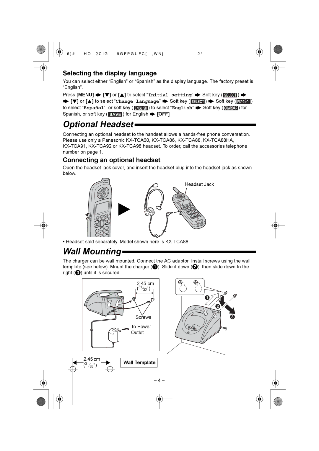 Panasonic KX-TGA650 Optional Headset, Wall Mounting, Selecting the display language, Connecting an optional headset 