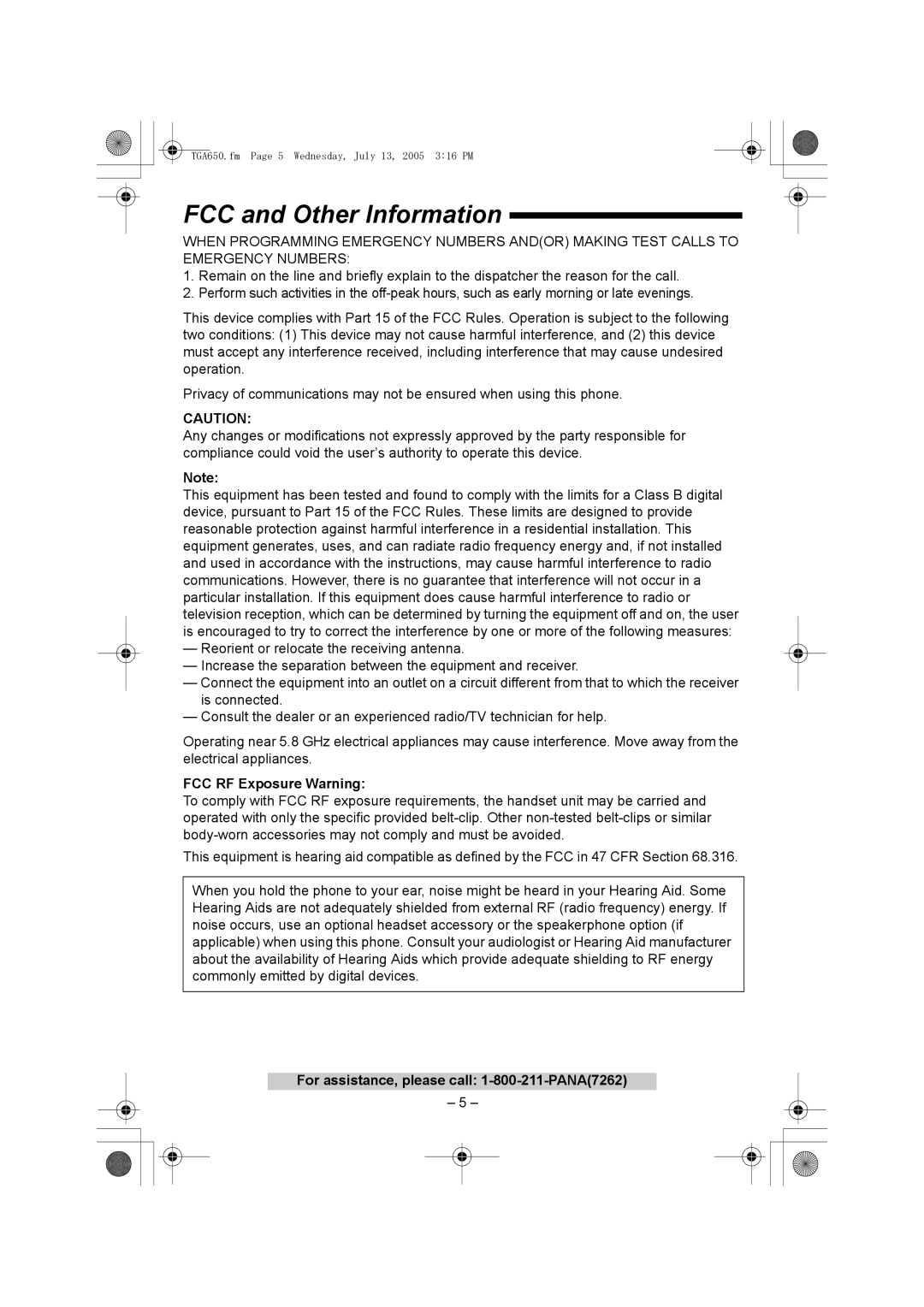 Panasonic KX-TGA650 installation manual FCC and Other Information, FCC RF Exposure Warning 