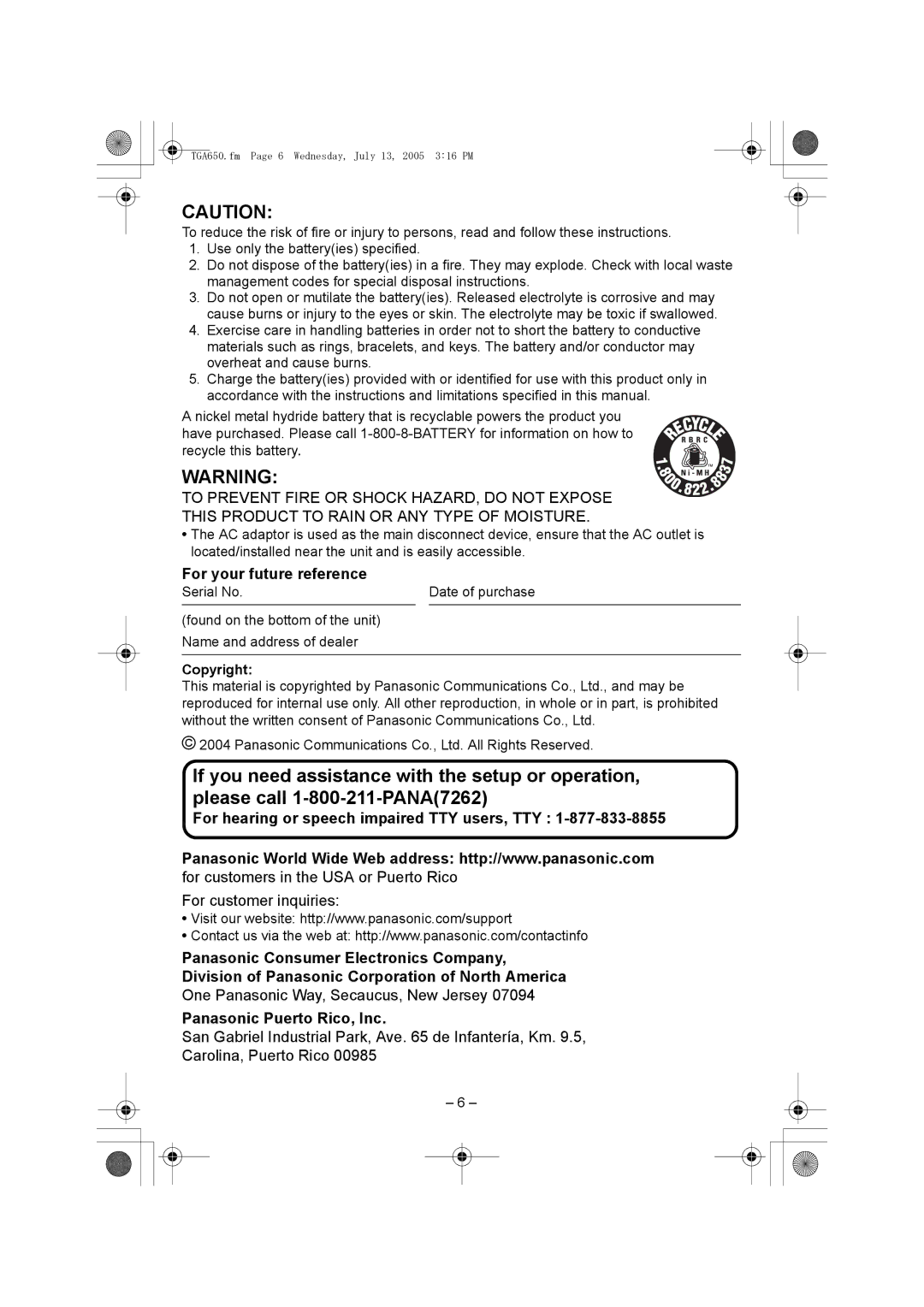 Panasonic KX-TGA650 installation manual For your future reference, Copyright 