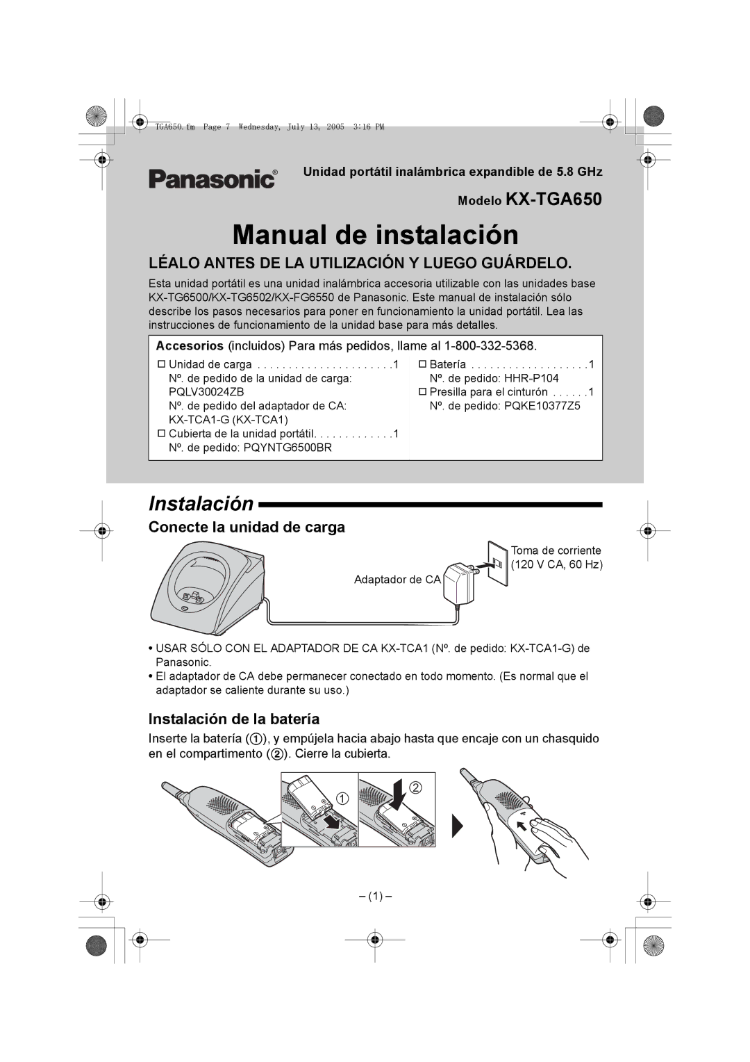 Panasonic KX-TGA650 installation manual Conecte la unidad de carga, Instalación de la batería 