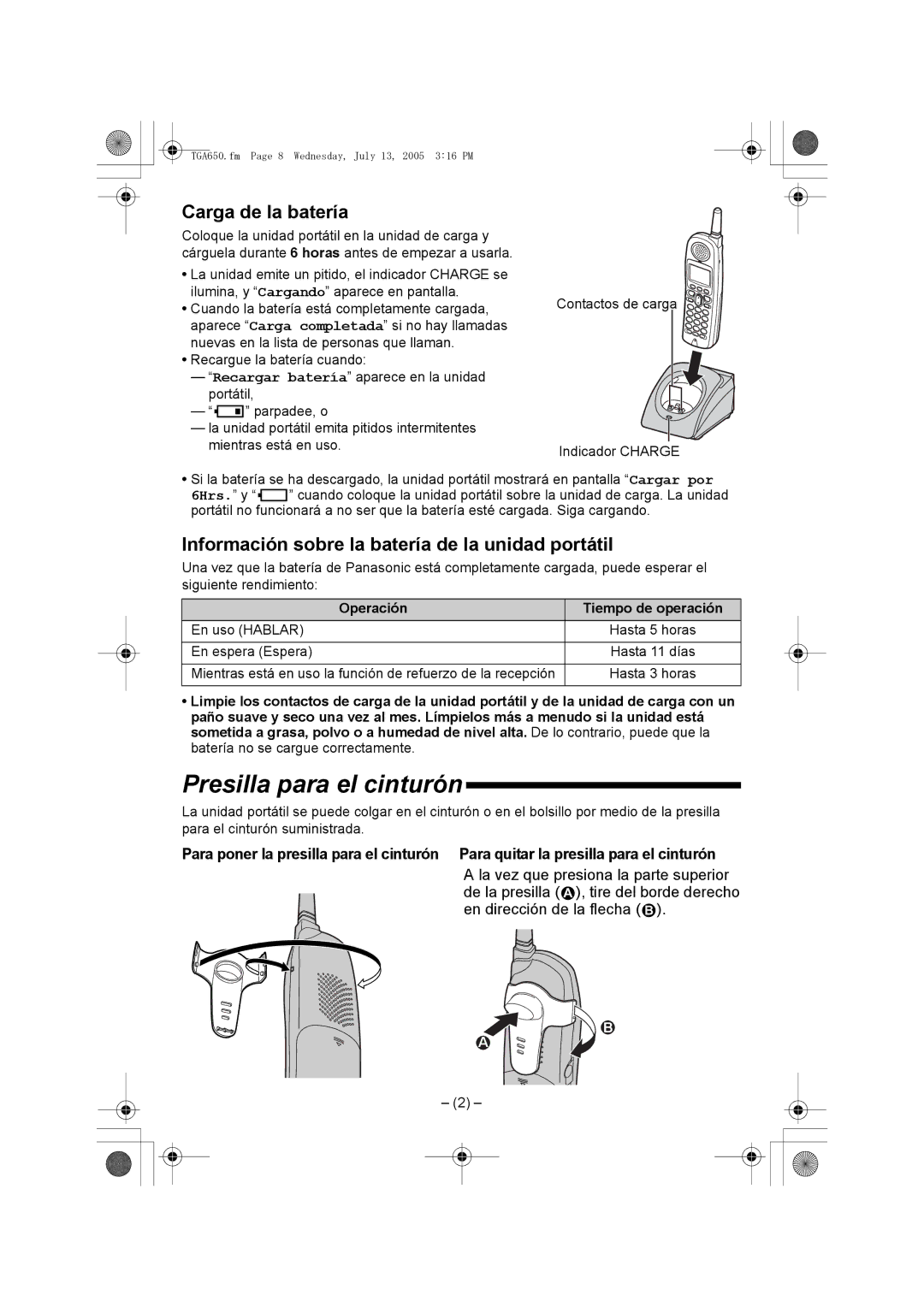 Panasonic KX-TGA650 Presilla para el cinturón, Carga de la batería, Información sobre la batería de la unidad portátil 