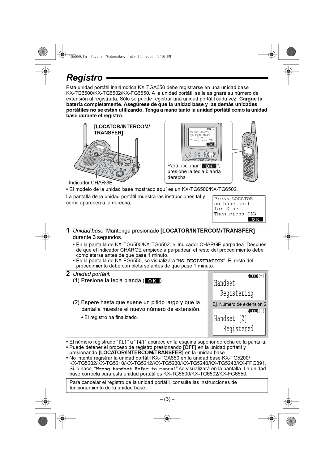 Panasonic KX-TGA650 installation manual Registro, Unidad portátil 