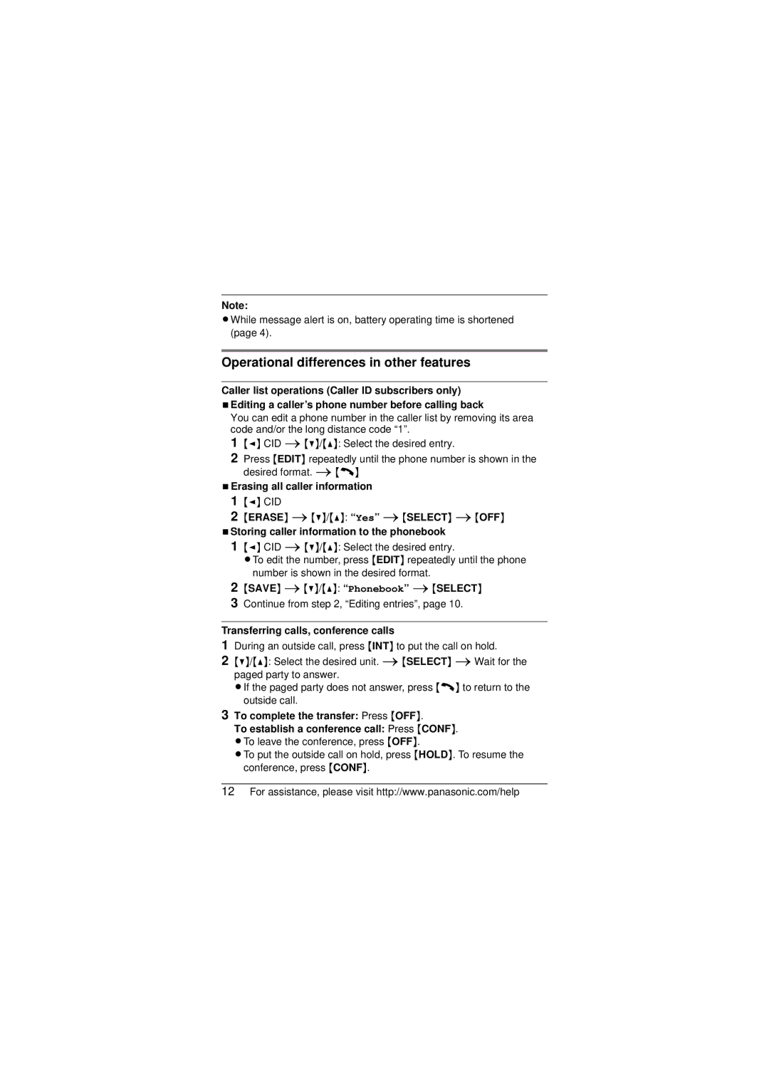 Panasonic KX-TGA651 installation manual Operational differences in other features, NErasing all caller information 