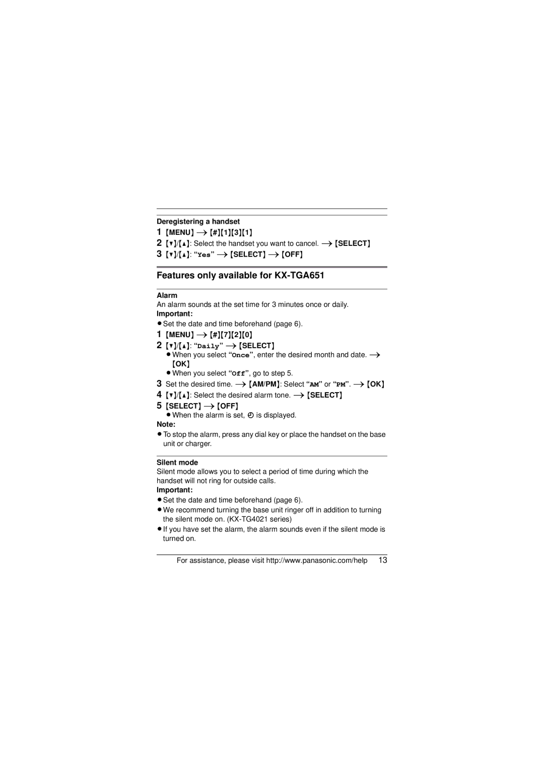 Panasonic Features only available for KX-TGA651, Deregistering a handset, Alarm, Select iOFF, Silent mode 