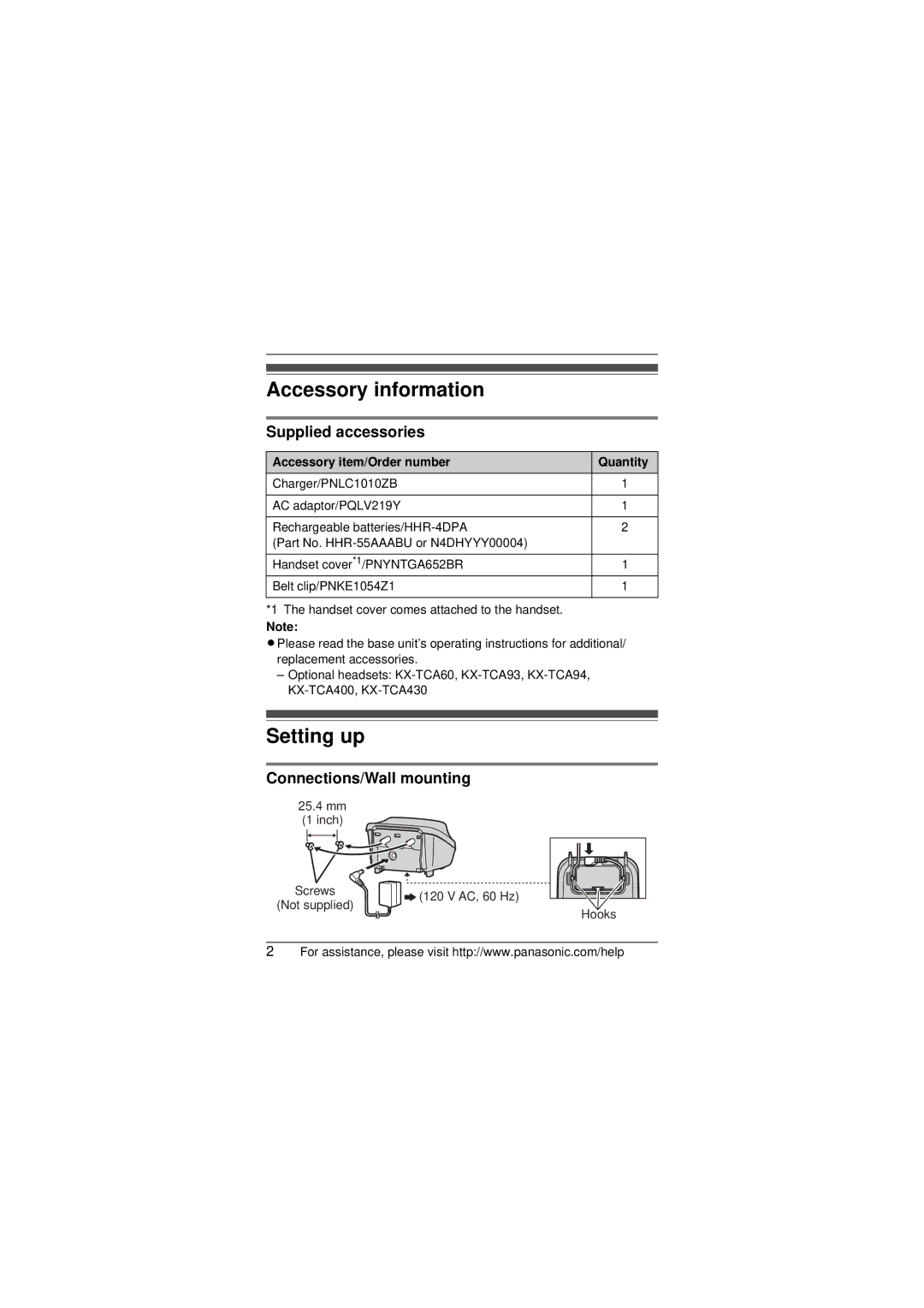 Panasonic KX-TGA651 Supplied accessories, Connections/Wall mounting, Accessory item/Order number Quantity 