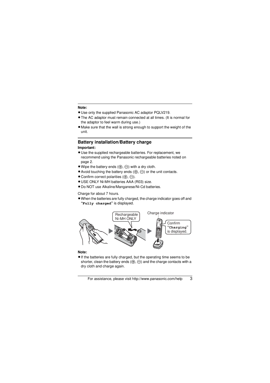 Panasonic KX-TGA651 installation manual Battery installation/Battery charge, Charging 