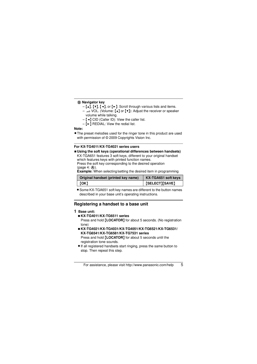 Panasonic installation manual Registering a handset to a base unit, Navigator key, KX-TGA651 soft keys, Select Save 