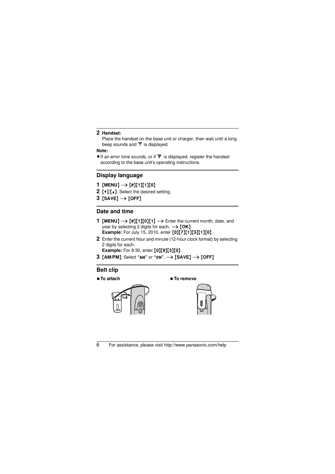 Panasonic KX-TGA651 installation manual Display language, Date and time, Belt clip 