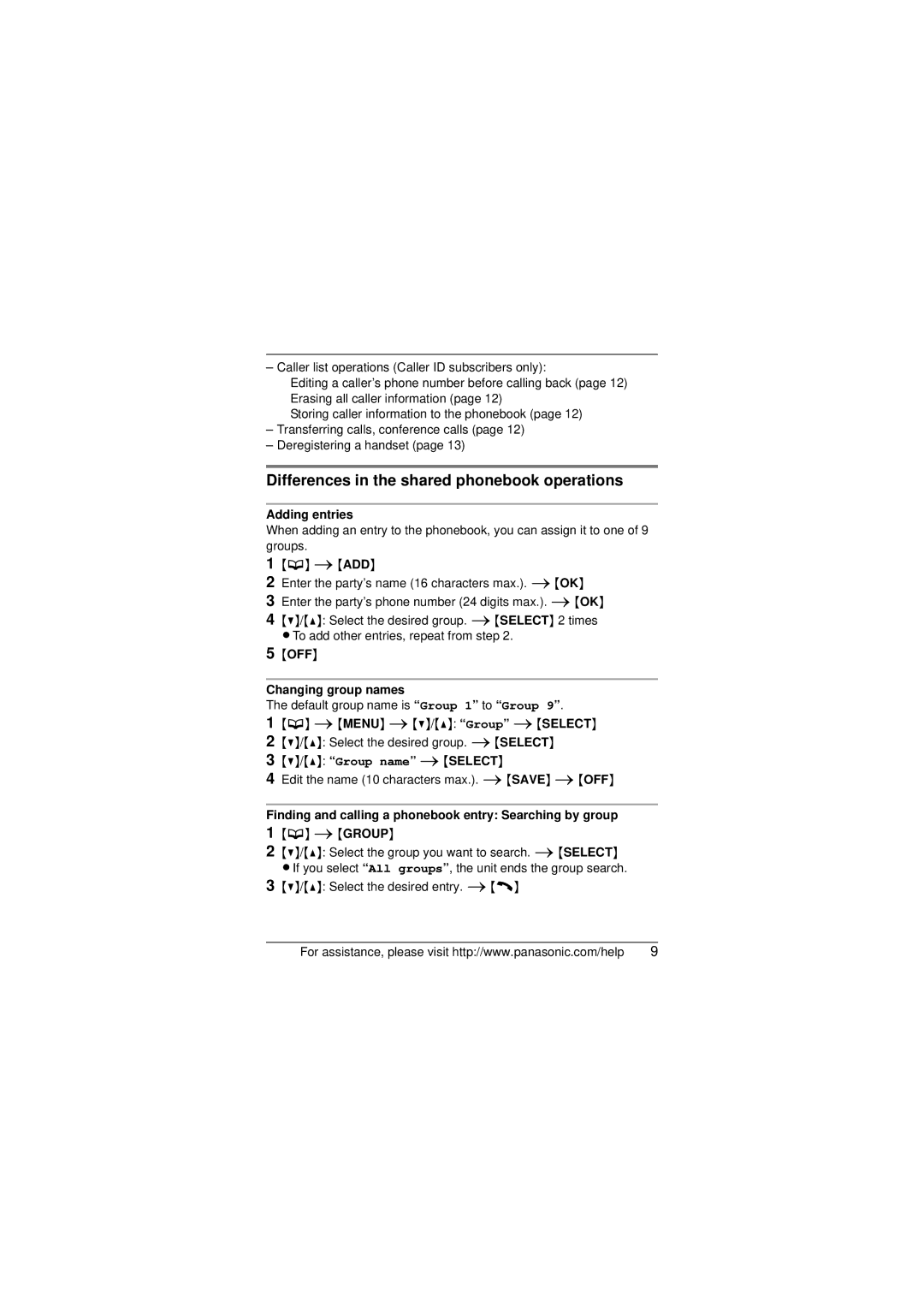 Panasonic KX-TGA651 Differences in the shared phonebook operations, Adding entries, OFF Changing group names 