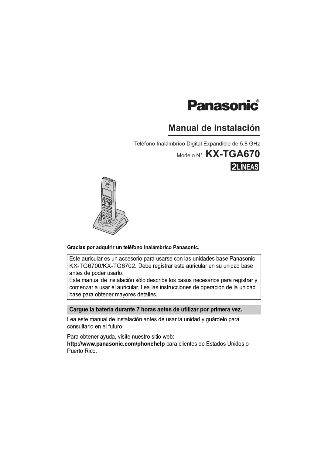 Panasonic KX-TGA670 installation manual Manual de instalación 