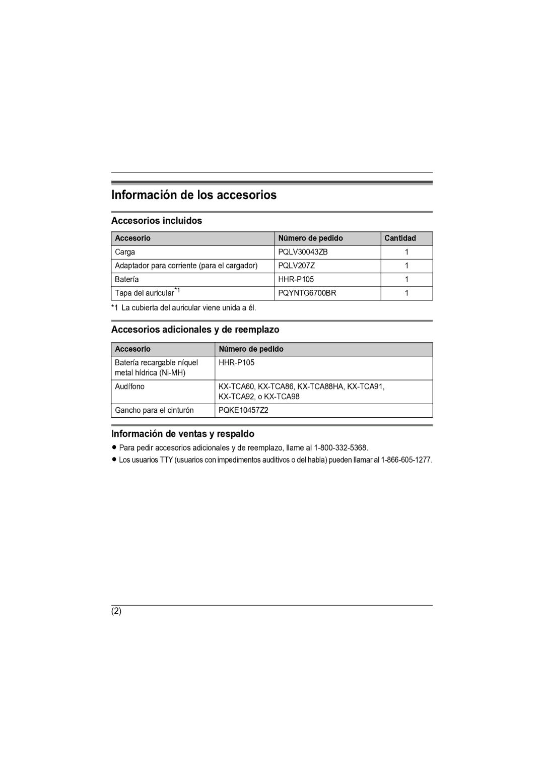 Panasonic KX-TGA670 Información de los accesorios, Accesorios incluidos, Accesorios adicionales y de reemplazo 