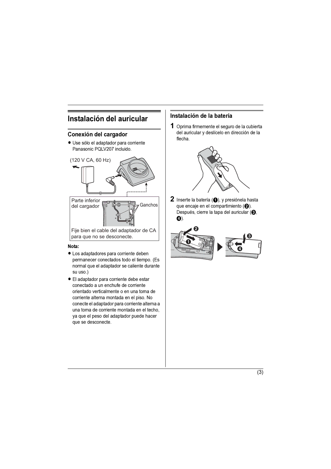 Panasonic KX-TGA670 installation manual Instalación del auricular, Conexión del cargador, Instalación de la batería, Nota 