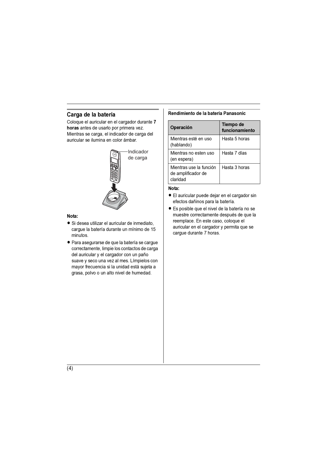 Panasonic KX-TGA670 installation manual Carga de la batería 