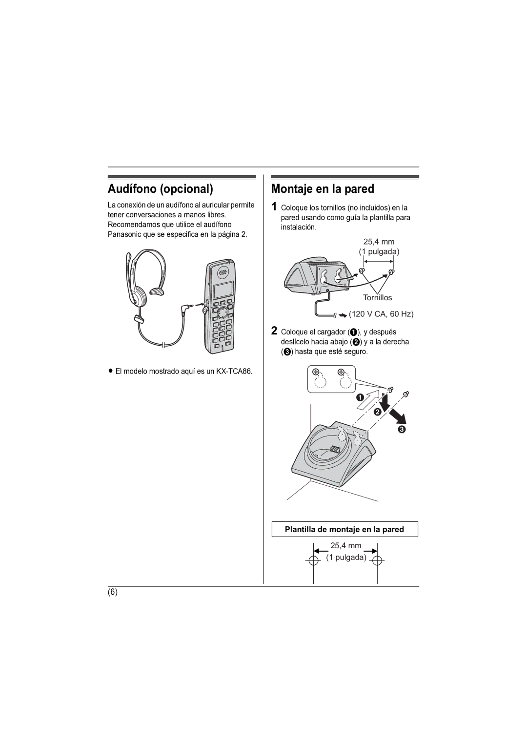 Panasonic KX-TGA670 installation manual Audífono opcional, Montaje en la pared, Plantilla de montaje en la pared 