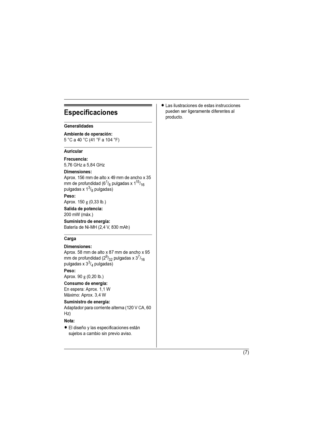 Panasonic KX-TGA670 installation manual Especificaciones 