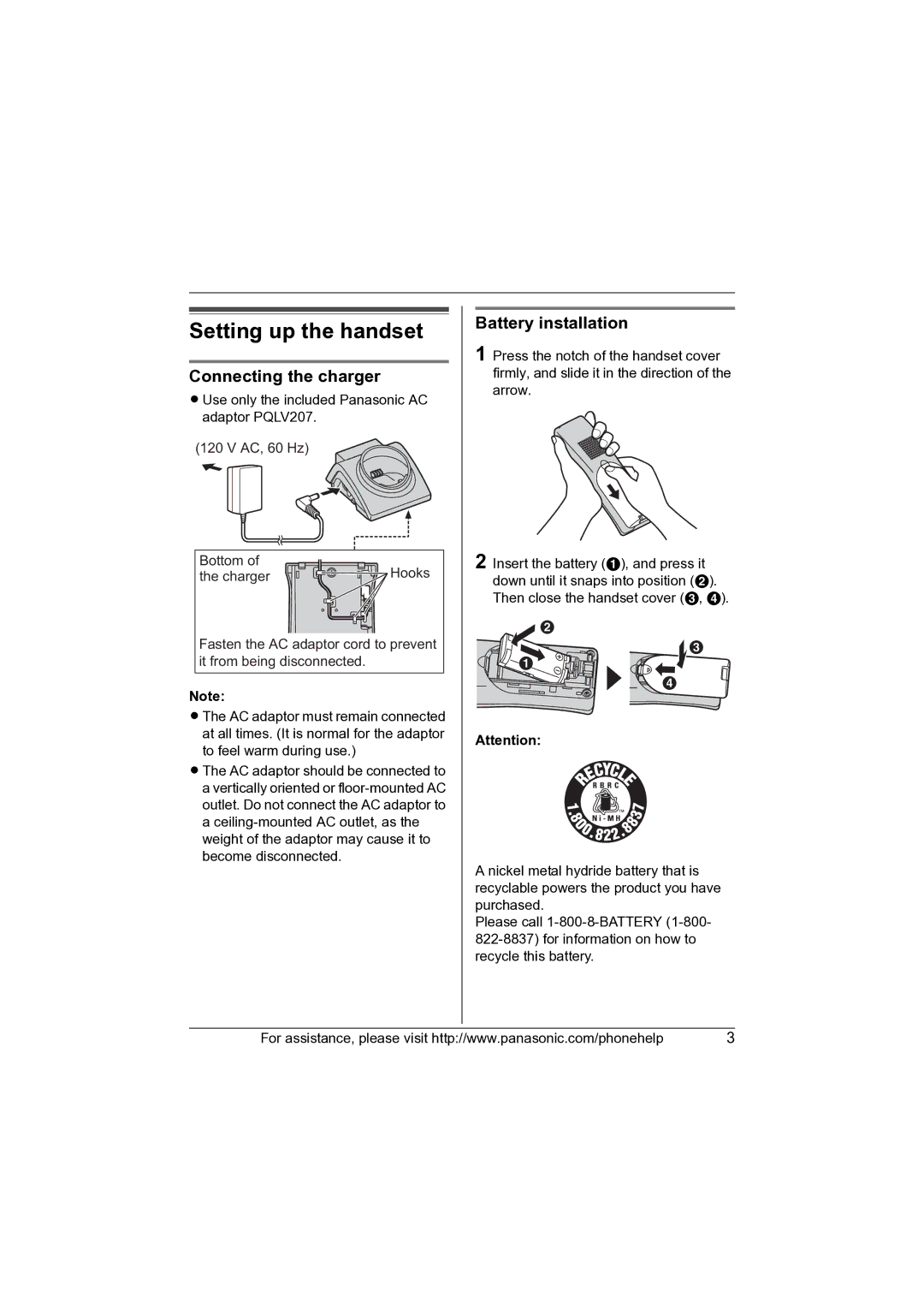 Panasonic KX-TGA670 installation manual Setting up the handset, Connecting the charger, Battery installation 