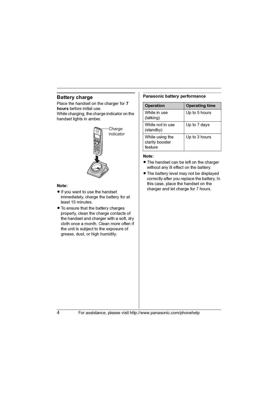 Panasonic KX-TGA670 installation manual Battery charge, Panasonic battery performance Operation Operating time 