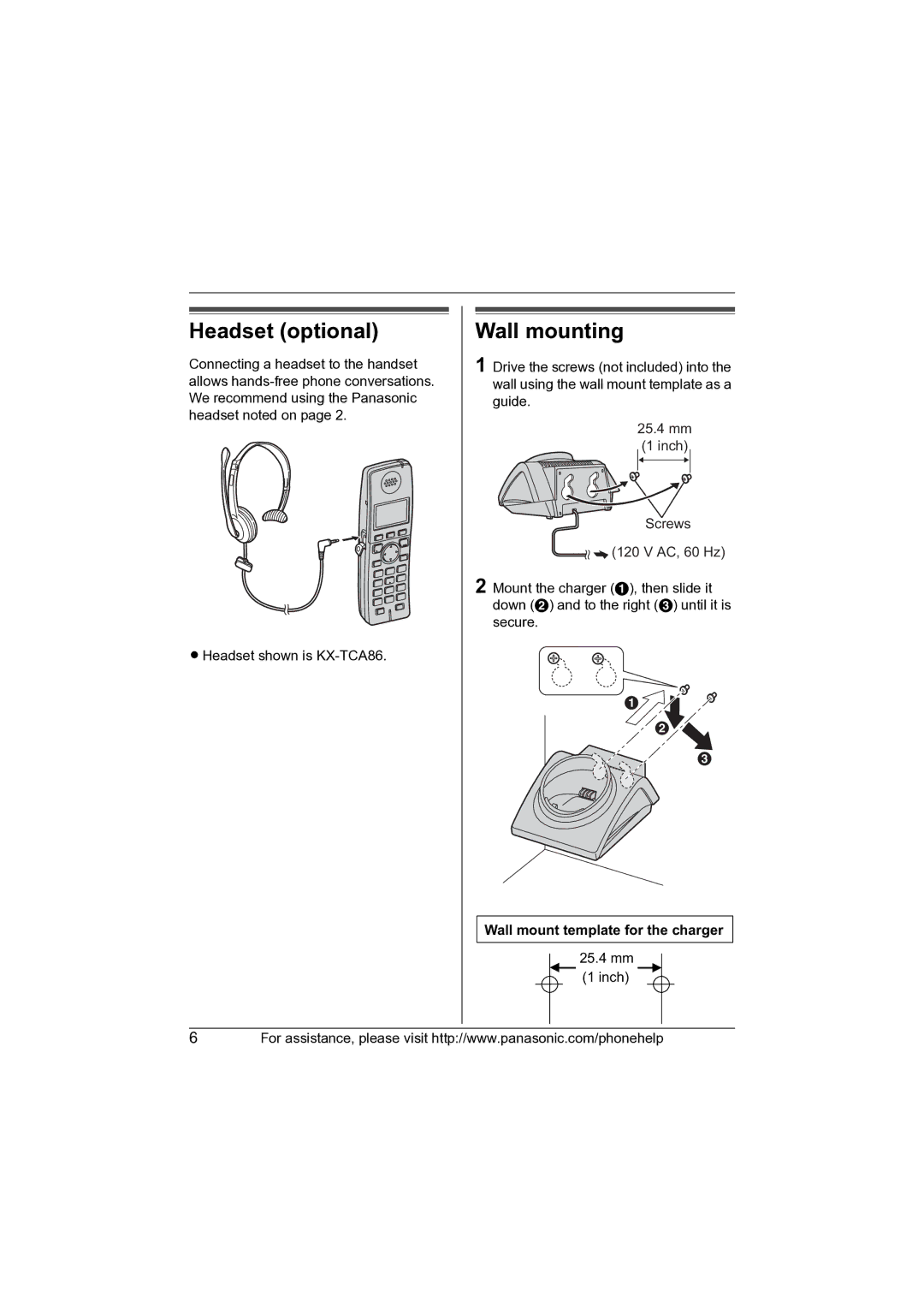 Panasonic KX-TGA670 installation manual Headset optional, Wall mounting, Wall mount template for the charger 