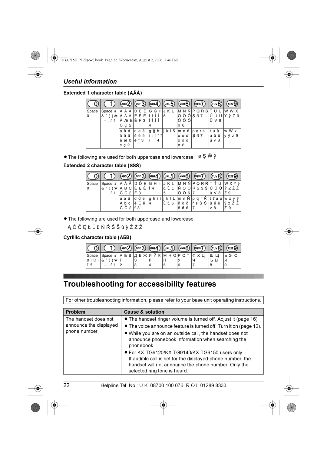 Panasonic KX-TGA717E Troubleshooting for accessibility features, Extended 1 character table N, Cyrillic character table P 