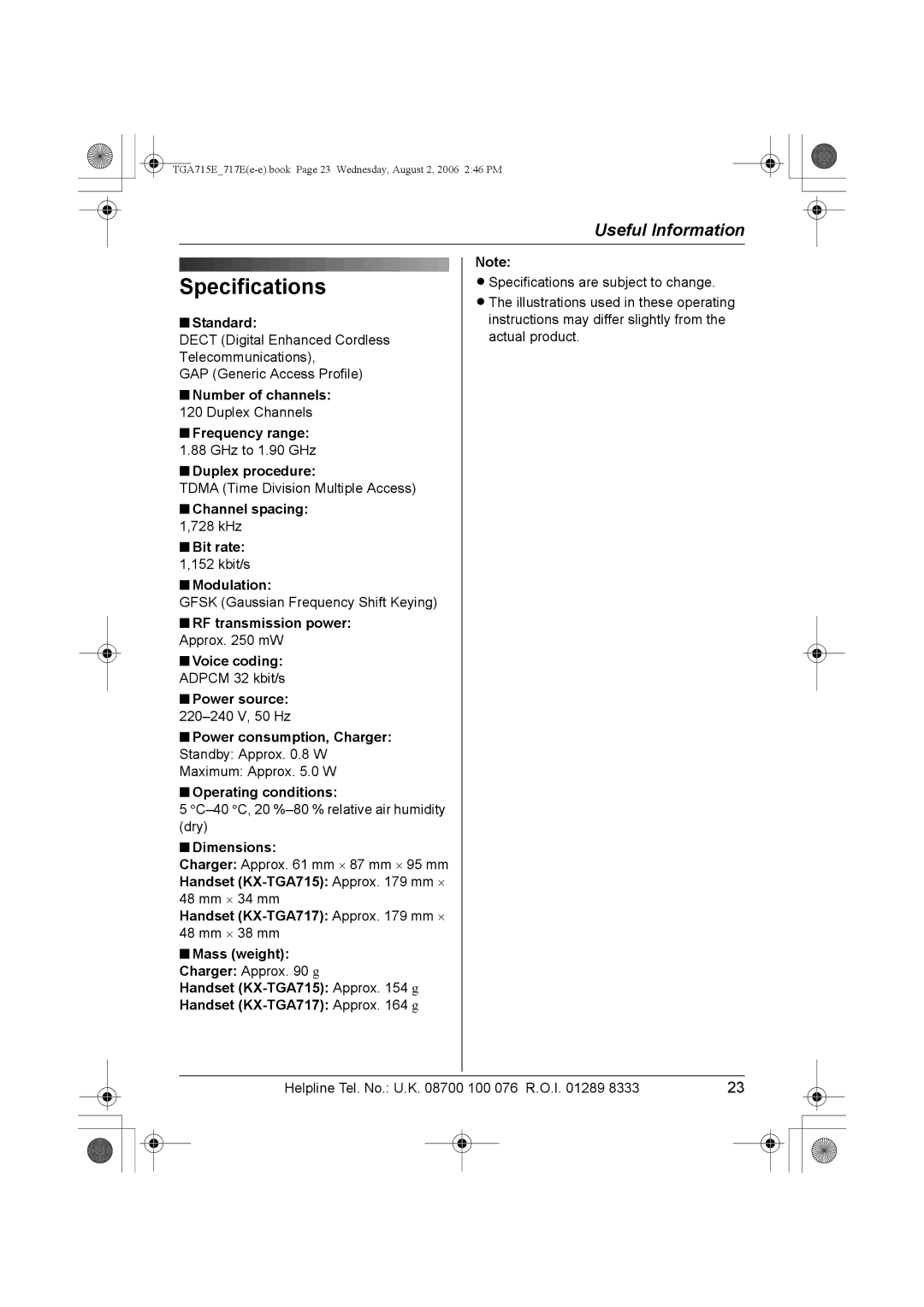 Panasonic KX-TGA715E, KX-TGA717E operating instructions Specifications 