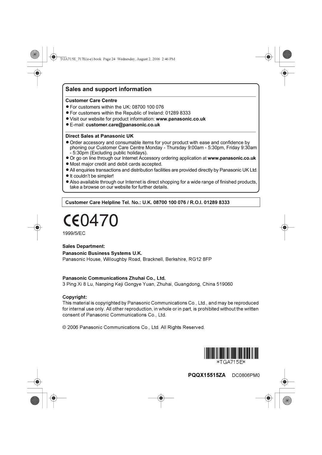 Panasonic KX-TGA717E Sales and support information, Customer Care Centre, Sales Department Panasonic Business Systems U.K 